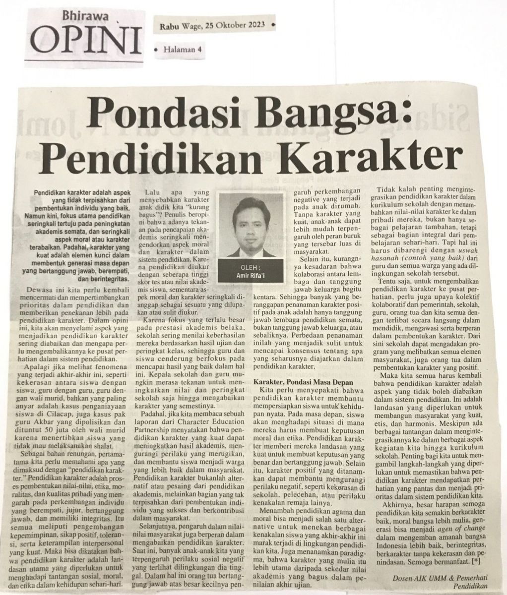 Pondasi Bangsa: Pendidikan Karakter - Bhirawa - UMM Dalam Berita Koran ...